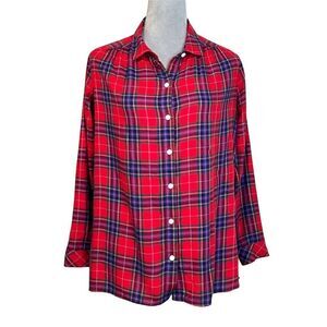 J. Jill Women's PS Red Plaid Button-Up Tunic Shirt Long Sleeve Fall Country